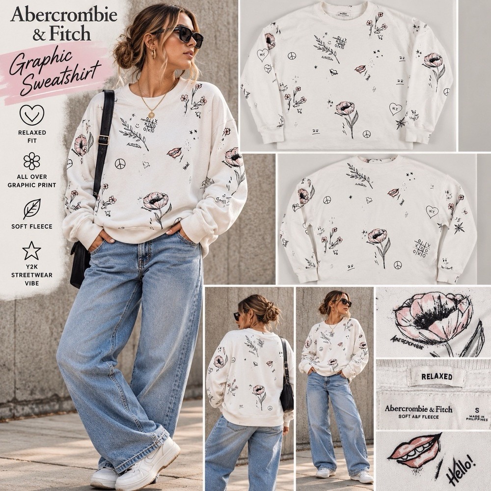Abercrombie Graphic Sweatshirt Women S Relaxed Floral Doodle Y2K Fleece Crewneck